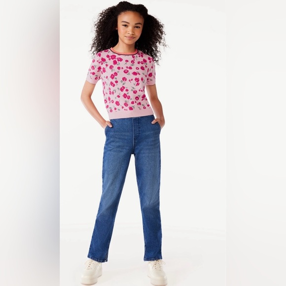 Free Assembly Girls Short Sleeve Intarsia Sweater Top L (10/12) Flowers - Picture 2 of 7